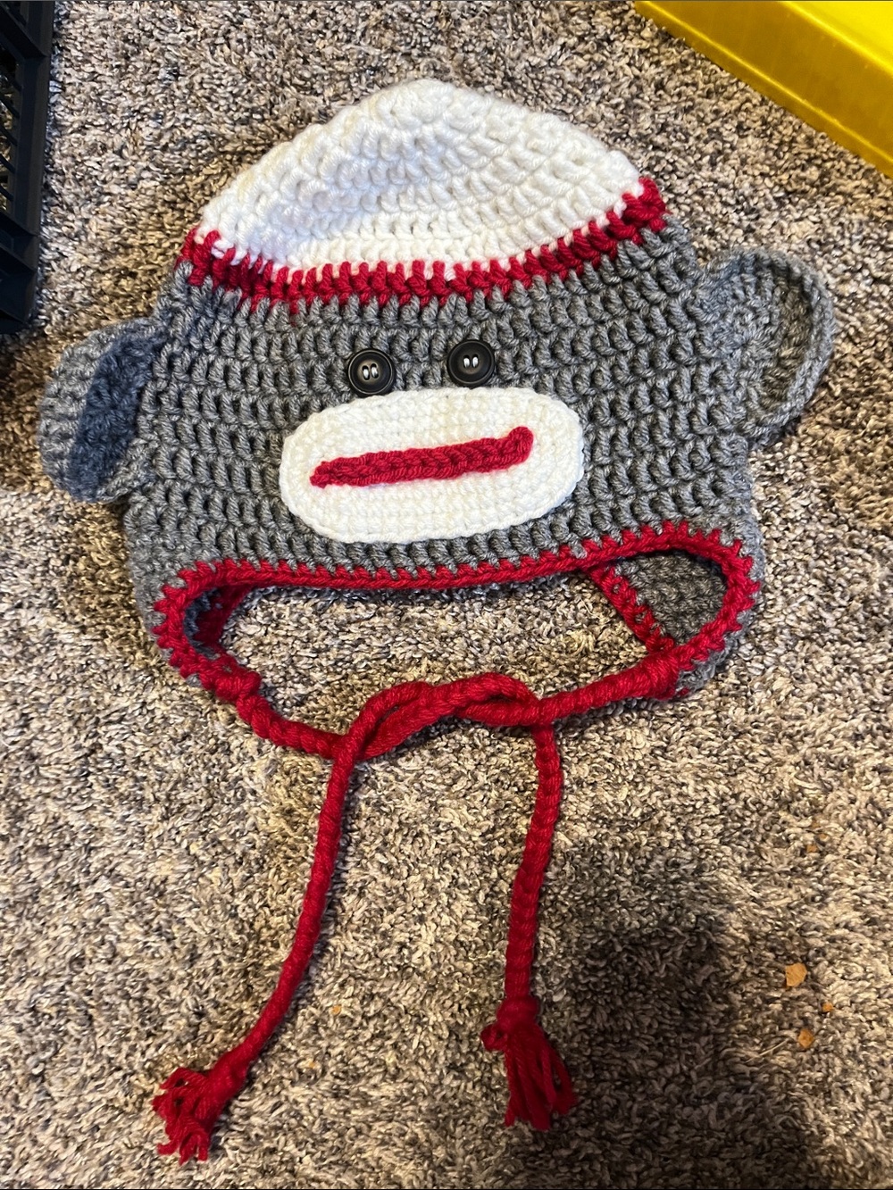 Handmade Crochet Sock Monkey Earflap Hat in Gray, White & Red